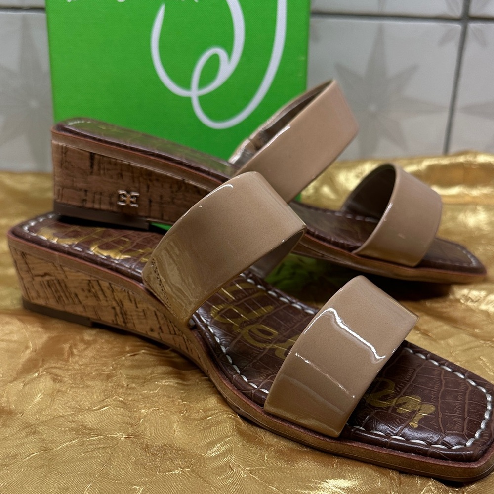 Sam Edelman Sz 7 Patent Two-Strap Cork Wedge Sandals in Beige NIB
